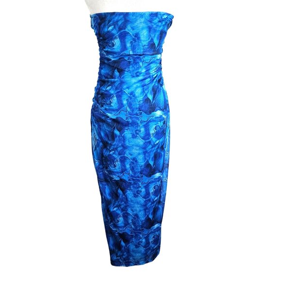 Womens Elegant Large Strapless Tube Top Blue Floral Bodycon Maxi Dress Party - Picture 5 of 12